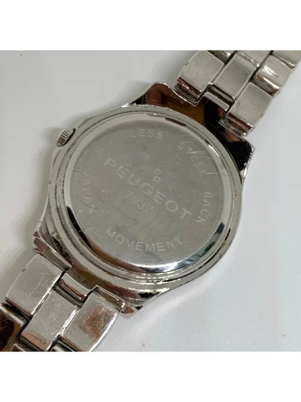 Peugeot women’s silver tone watch 31mm mop dial rhinestones quartz 7” running